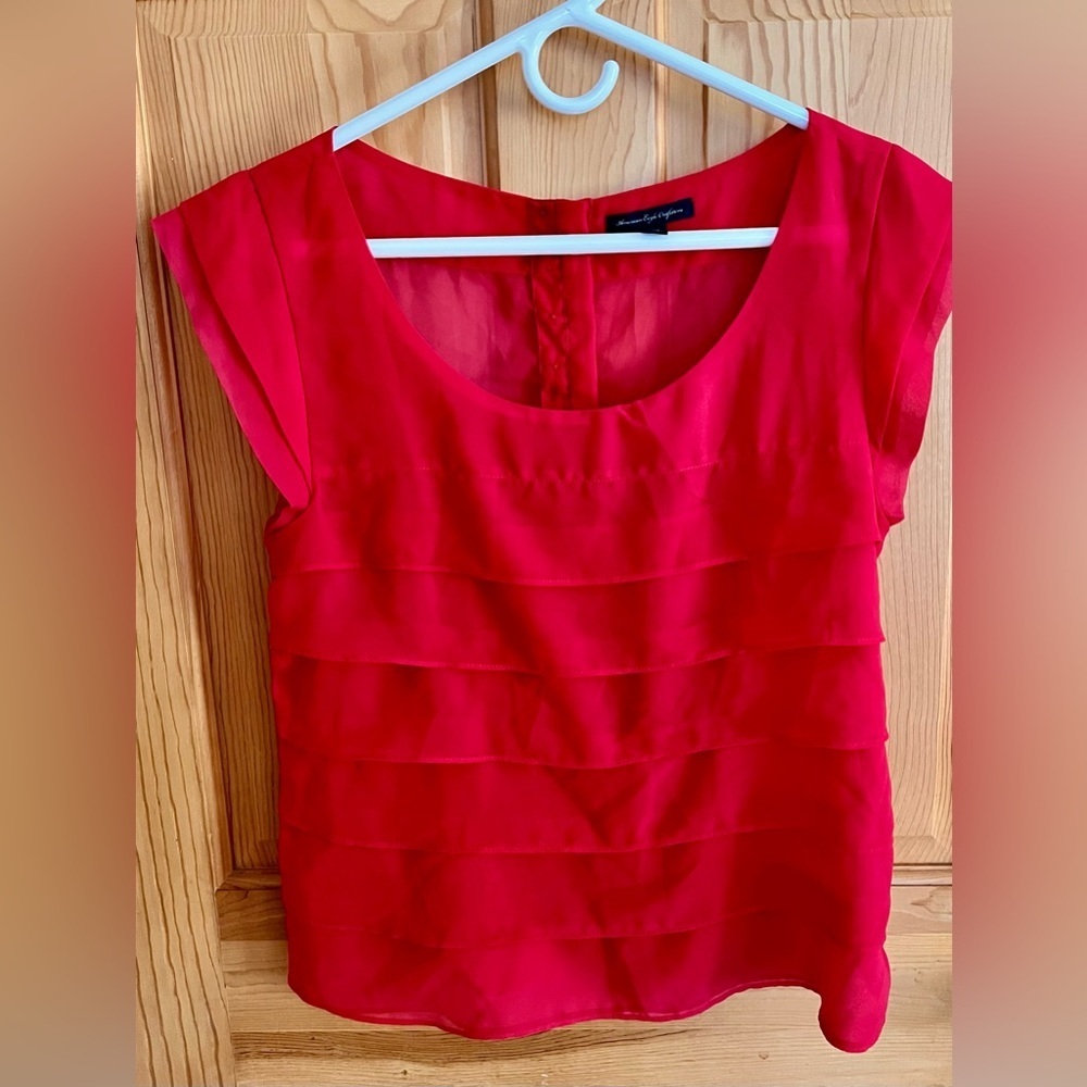 American Eagle Pink Tiered Ruffle Cap Sleeve Blouse Button Back Top Chiffon Med - Picture 8 of 12